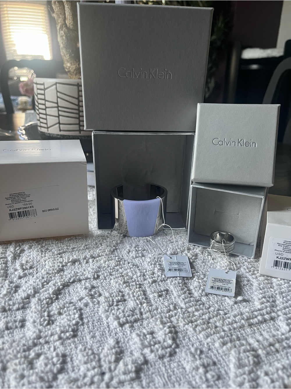 Calvin Klein Silver-Tone Cuff Bracelet with Lilac Inlay ring size 6